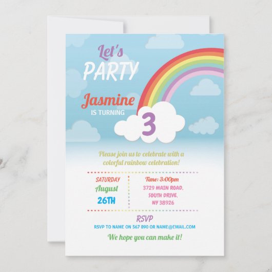 Invitation Arc-en-ciel nuages n'importe quel âge fête d'anniv (Devant)