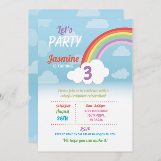 Invitation Arc-en-ciel nuages n'importe quel âge fête d'anniv (Devant / Derrière)