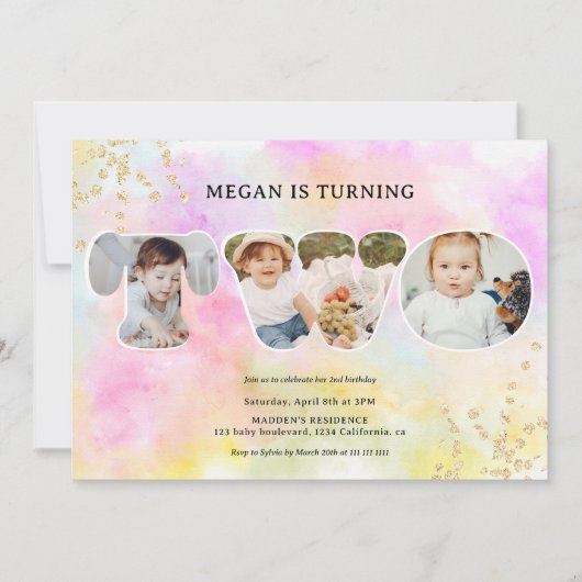 Invitation Arc-en-ciel or parties scintillant pastel 3 photos (Devant)