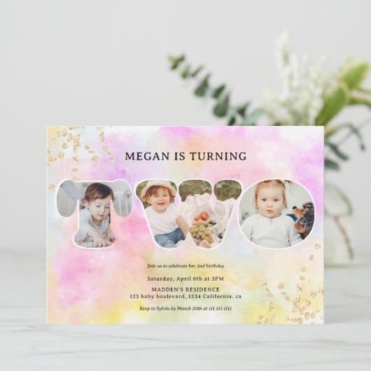 Invitation Arc-en-ciel or parties scintillant pastel 3 photos (Debout devant)