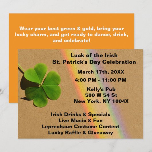 Invitation Arc-en-ciel orange St. Patrick's Day (Devant / Derrière)