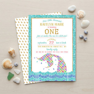 Invitation Arc-en-ciel Pailleté Sirène 1er Anniversaire Chic