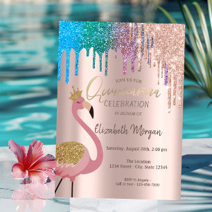 Invitation Arc-en-ciel Paillettes Gouttes Flamants Roses Quin