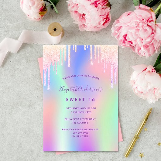 Invitation Arc-en-ciel paillettes rose or rose Sweet 16 anniv