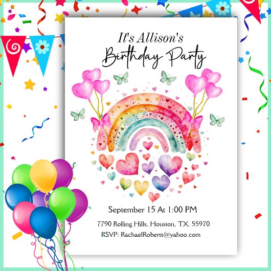 Invitation Arc-en-ciel papillons Anniversaire