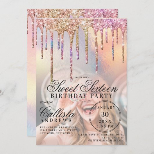 Invitation Arc-en-ciel Parties scintillant holographique gout (Devant / Derrière)