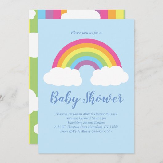 Invitation Arc en ciel Pastel Baby shower nuages (Devant / Derrière)