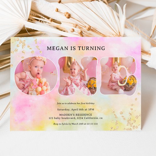 Invitation Arc-en-ciel pastel parties scintillant or 3 photos