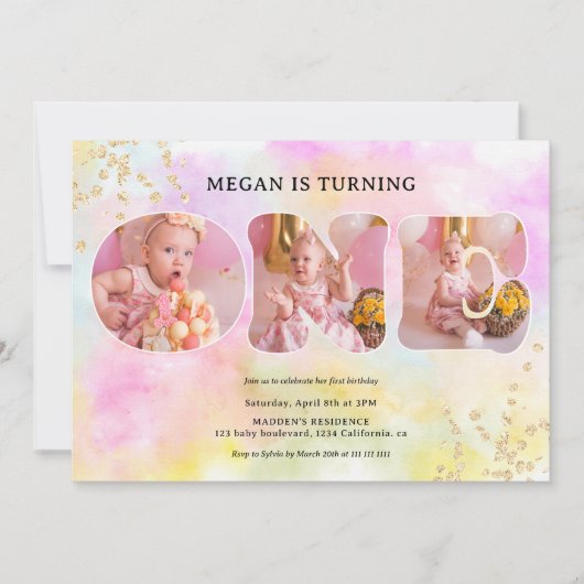 Invitation Arc-en-ciel pastel parties scintillant or 3 photos (Devant)