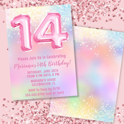 Invitation Arc-en-ciel rose 14e anniversaire