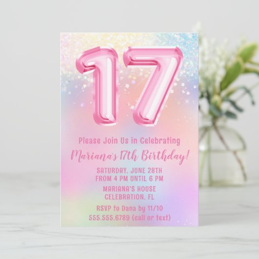 Invitation Arc-en-ciel rose 17e anniversaire (Debout devant)