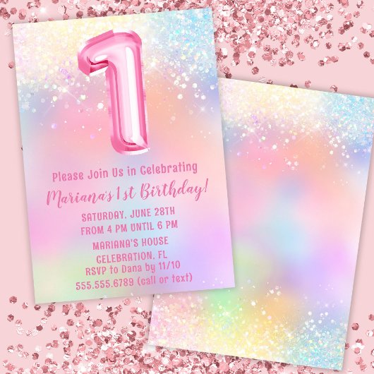 Invitation Arc-en-ciel rose 1er anniversaire