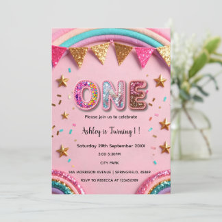 Invitation Arc-en-ciel rose 1er anniversaire Séquins Arc-en-c