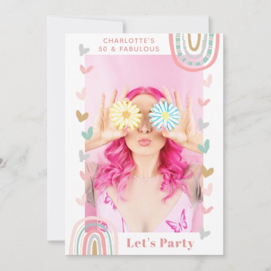 Invitation Arc-en-ciel rose 50 & Fabuleux fête d'anniversaire (Devant)