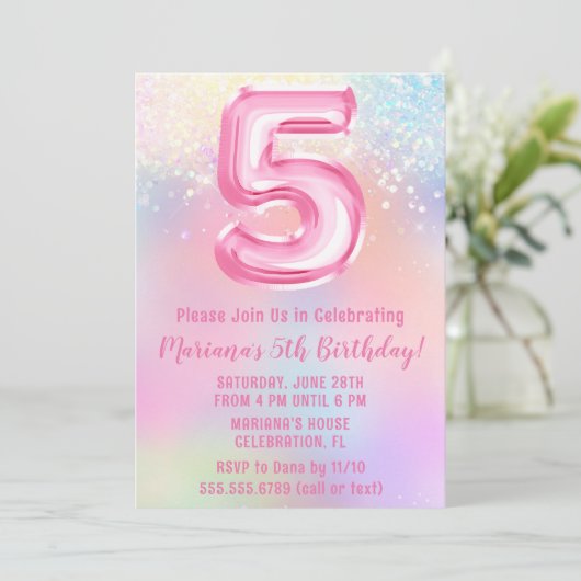 Invitation Arc-en-ciel rose 5e anniversaire (Debout devant)