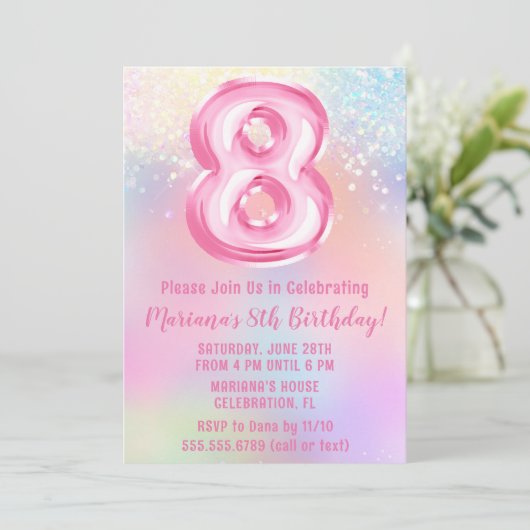 Invitation Arc-en-ciel rose 8e anniversaire (Debout devant)