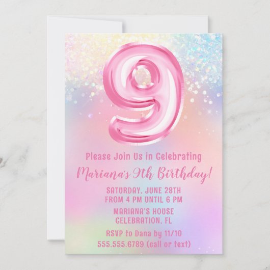 Invitation Arc-en-ciel rose 9e anniversaire (Devant)