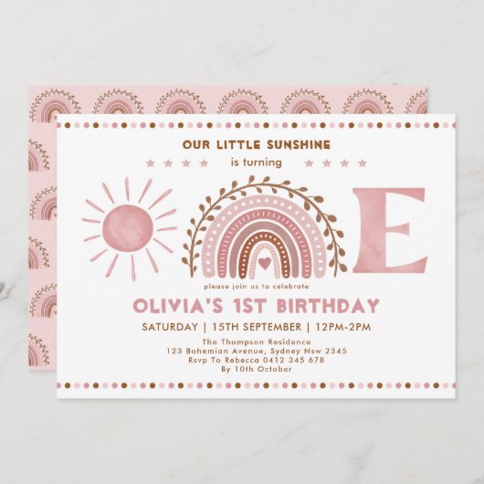 Invitation Arc-en-ciel rose Brown et soleil 1er anniversaire (Devant / Derrière)