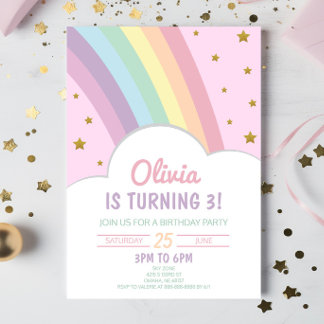 Invitation Arc-en-ciel rose et étoiles Fête d'anniversaire de