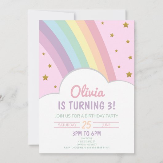 Invitation Arc-en-ciel rose et étoiles Fête d'anniversaire de (Devant)