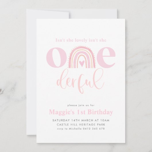 Invitation Arc-en-ciel rose ONEderful fille 1er anniversaire (Devant)