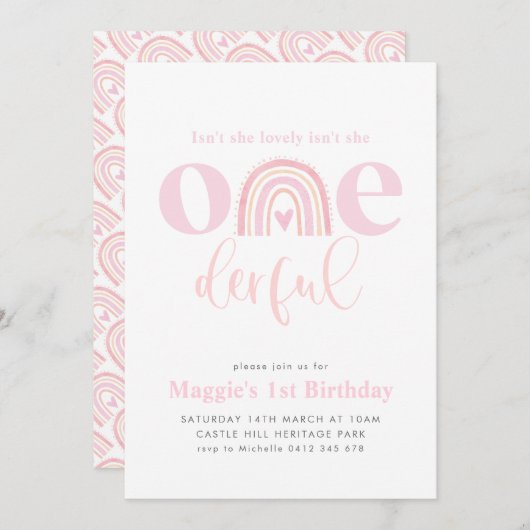 Invitation Arc-en-ciel rose ONEderful fille 1er anniversaire (Devant / Derrière)