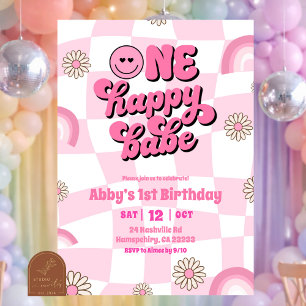 Invitation Arc-en-ciel rose rétro un joyeux bébé anniversaire