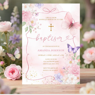 Invitation Arc-en-ciel Rose Violet Fille Bapteme