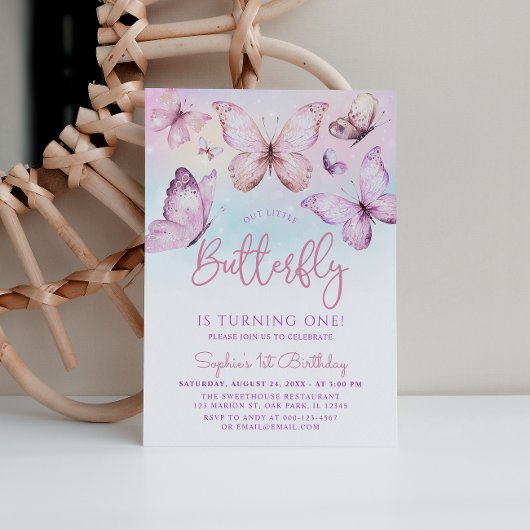 Invitation Arc-en-ciel rose violet papillon fille 1er anniver