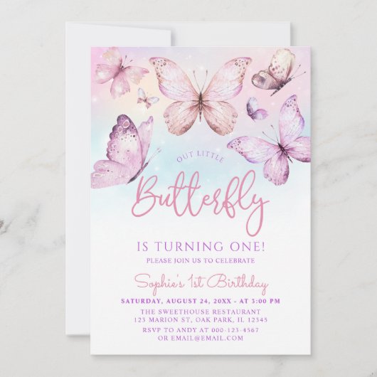 Invitation Arc-en-ciel rose violet papillon fille 1er anniver (Devant)