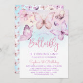 Invitation Arc-en-ciel rose violet papillon fille 1er anniver (Devant / Derrière)