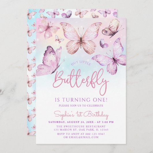 Invitation Arc-en-ciel rose violet papillon fille 1er anniver (Devant / Derrière)
