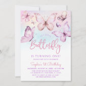 Invitation Arc-en-ciel rose violet papillon fille 1er anniver (Devant)