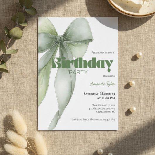 Invitation Arc-en-Eau Aquarelle Vert Sauge Anniversaire