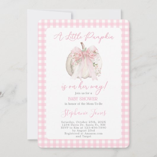 Invitation Arc en rose Un petit bébé citrouille Shower fille (Devant)