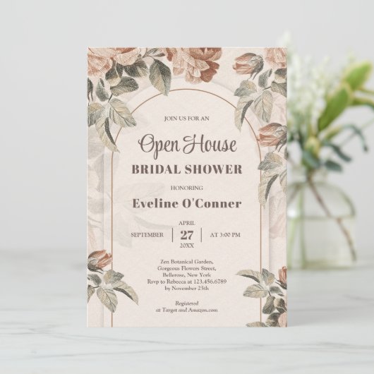 Invitation Arc en terre cuite en gras Boho rose sage ouvert (Debout devant)