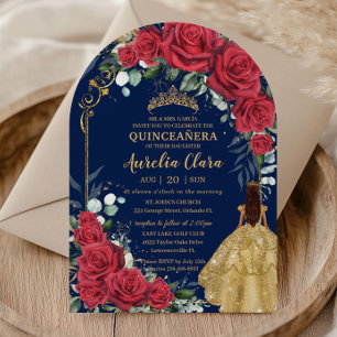 Invitation Arc Enchanted Red Roses Floral Navy Quinceañera
