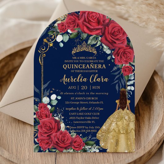 Invitation Arc Enchanted Red Roses Floral Navy Quinceañera
