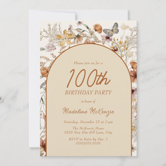 Invitation Arc Fleur sauvage Boho 100e anniversaire (Devant)