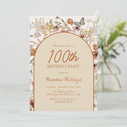 Invitation Arc Fleur sauvage Boho 100e anniversaire (Debout devant)