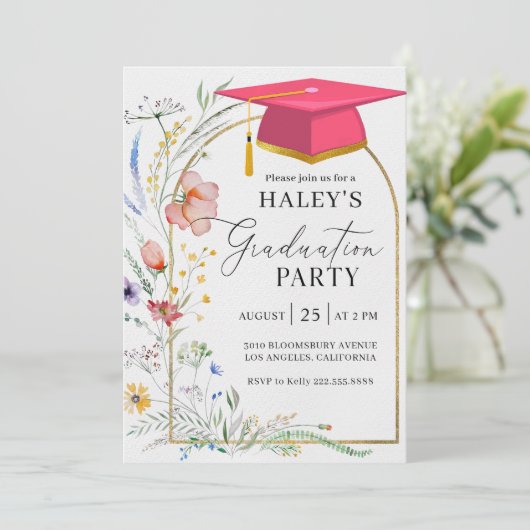Invitation Arc Fleur sauvage moderne Script Grad Graduation 2 (Debout devant)