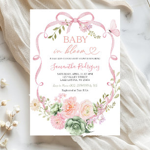 Invitation Arc floral à ruban rose sauge Coquette bébé en fle