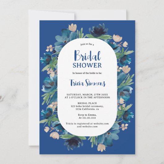 Invitation Arc floral bleu Boho moderne douche nuptiale (Devant)