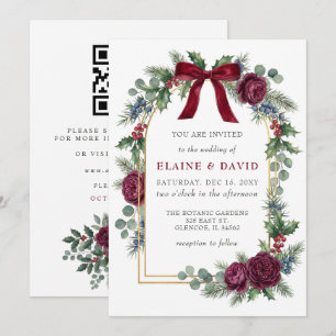 Invitation Arc Floral de Noël avec Ruban Rouge Code QR Mariag