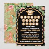 Invitation Arc floral d'or noir moderne double graduation (Devant / Derrière)