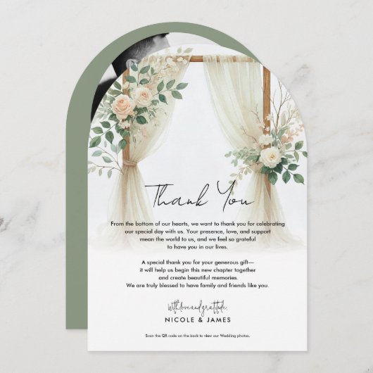 Invitation Arc Floral en bois vert Rose Merci rustique (Devant / Derrière)