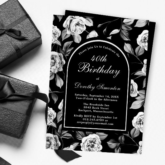 Invitation Arc floral noir blanc Rose 40e anniversaire