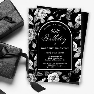 Invitation Arc floral noir blanc Rose 40e anniversaire