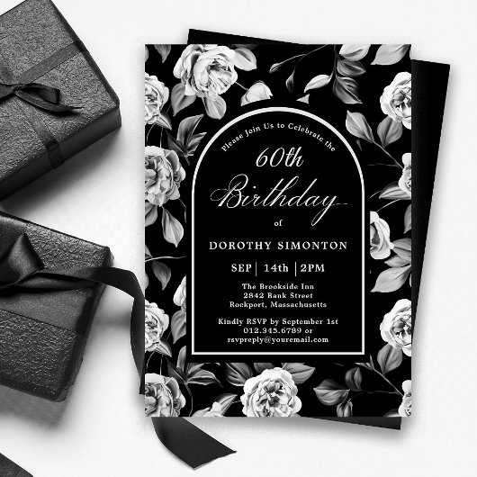 Invitation Arc floral noir blanc Rose 60e anniversaire