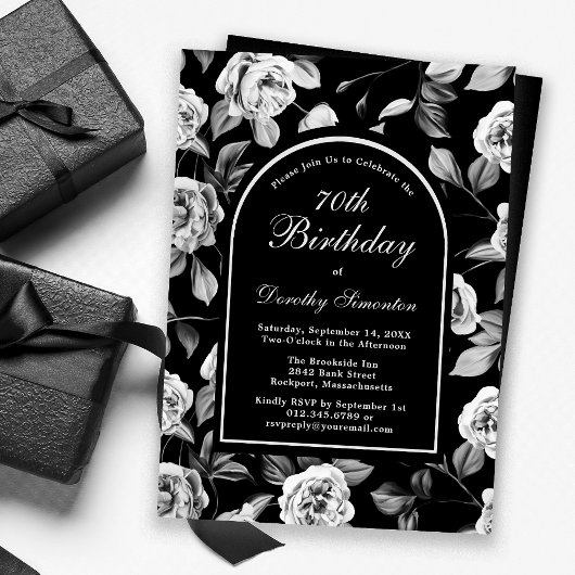 Invitation Arc floral noir blanc Rose 70e anniversaire